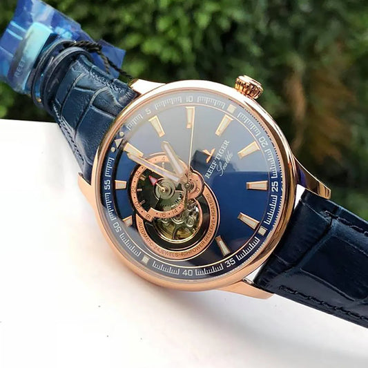 Reef Tiger/RT vestido de hombre reloj azul Tourbillon relojes de marca superior de lujo reloj mecánico automático reloj Masculino RGA1639