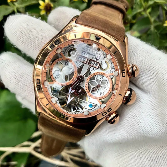 Reloj deportivo Reef Tiger/RT para hombre, reloj luminoso con esqueleto, año, mes, fecha, día, relojes automáticos de oro rosa RGA703
