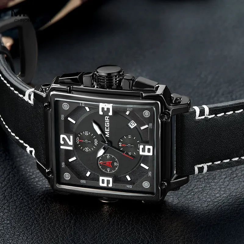 MEGIR Men's Sports Chronograph Wrist Watch for Men Army Leather Square Quartz Stop Watch Clock Man Relogios Masculino 2061Black
