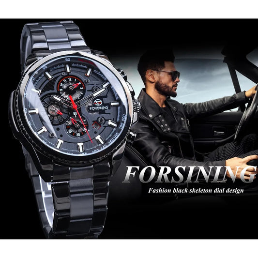 Forsining, relojes de pulsera automáticos mecánicos de acero inoxidable con calendario de tres esferas para hombre, reloj deportivo militar de lujo de marca superior para hombre