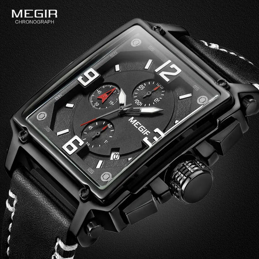 Reloj de pulsera MEGIR deportivo con cronógrafo para hombre, cronómetro de cuarzo cuadrado de cuero militar, reloj Masculino 2061 negro