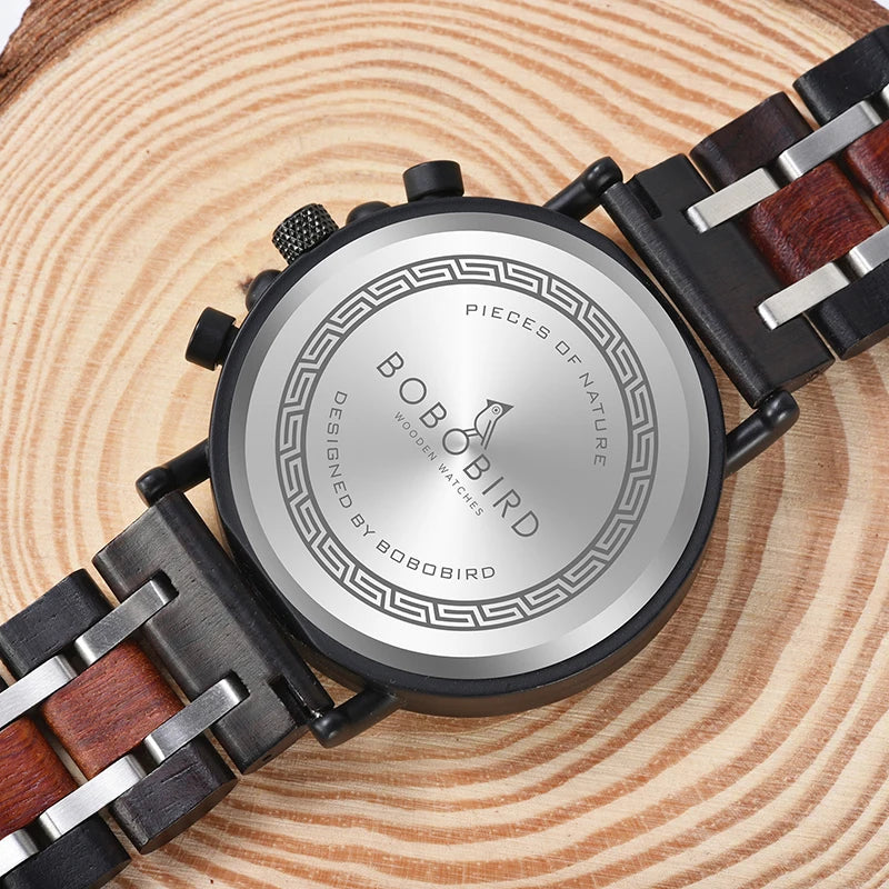 BOBO BIRD reloj de madera para hombre, marca superior, relojes militares con cronógrafo elegante de lujo, logotipo de caja de madera, gran regalo personalizado, reloj para hombre