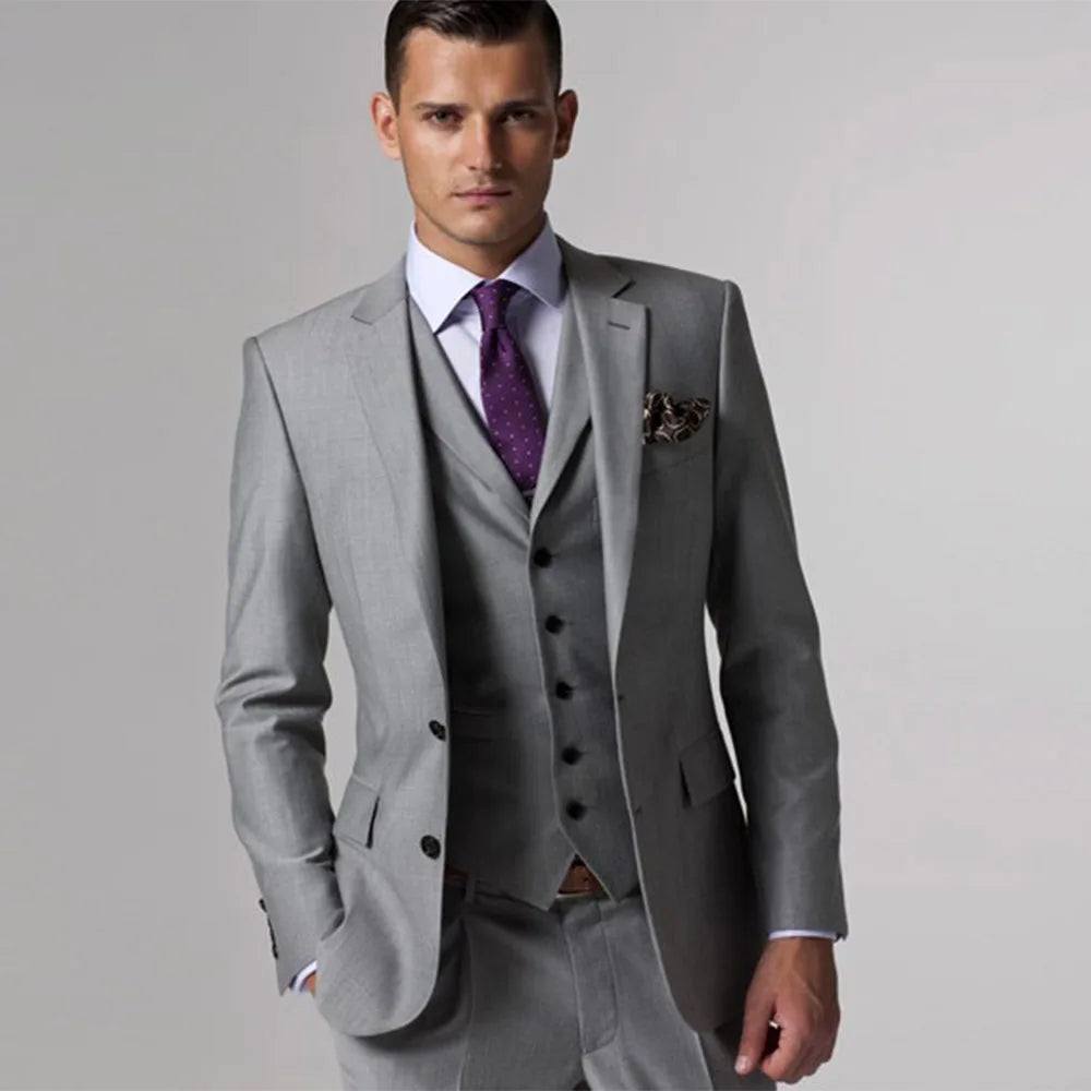 Trajes de boda grises para hombres con trajes de 3 piezas, trajes hechos a medida, traje de novio, trajes a medida grises para hombres, esmoquin de boda delgado