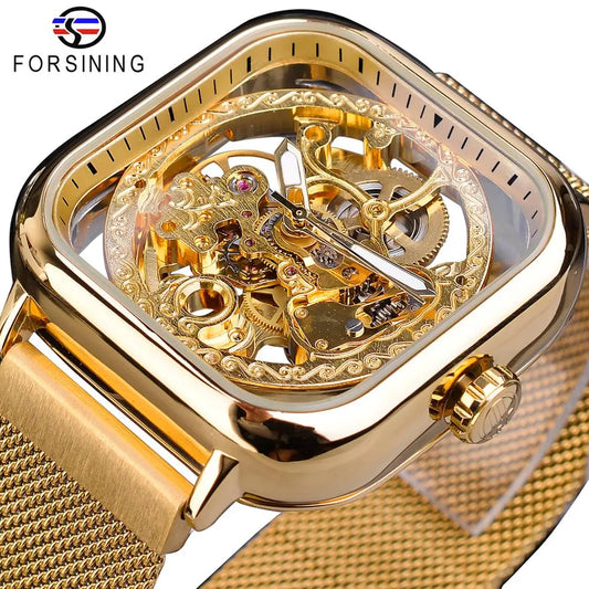 Forsining-relojes mecánicos para hombre, automáticos, dorados, transparentes, de malla de moda, de pulsera de acero, esqueleto, hora caliente