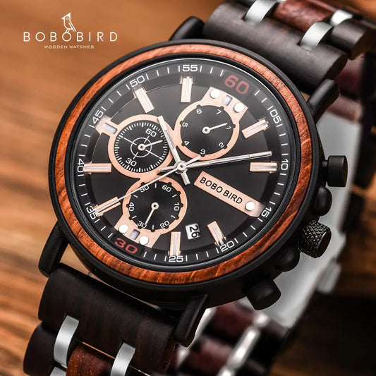 BOBO BIRD Wooden Watch Men Top Brand Luxury Stylish Chronograph Military Watches Wooden Box Logo Custom Great Gift reloj hombre