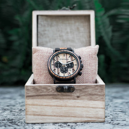 Reloj de madera para hombre BOBO BIRD, reloj de pulsera de cuarzo multifunción a la moda, cronógrafo, calendario, relojes grabados personalizados, caja de regalo