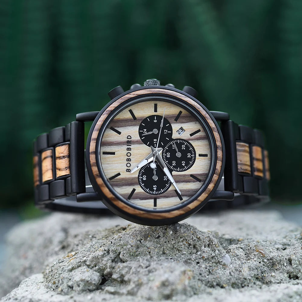 Wood Men‘s Watch BOBO BIRD Fashion Multifunction Quartz Wristwatch Chronograph Calendar Personalized Engraved Watches Gift Box