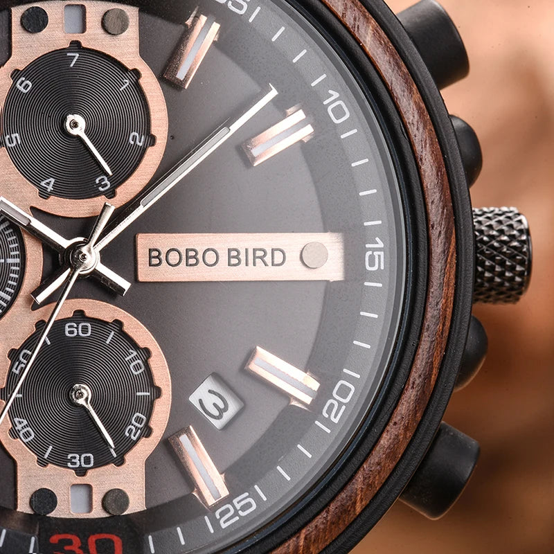 BOBO BIRD reloj de madera para hombre, marca superior, relojes militares con cronógrafo elegante de lujo, logotipo de caja de madera, gran regalo personalizado, reloj para hombre
