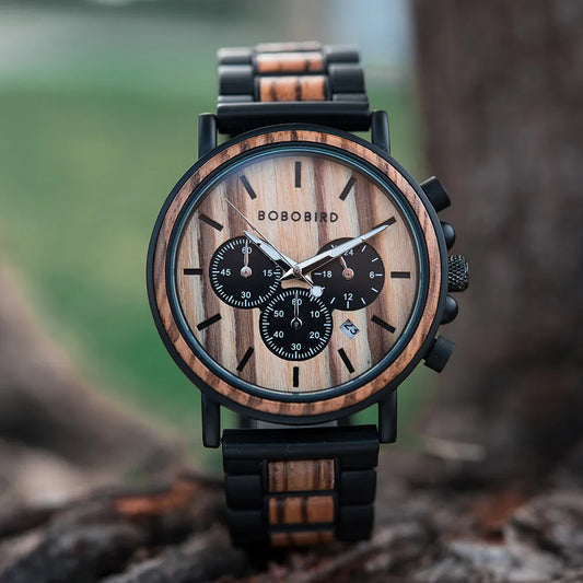 Wood Men‘s Watch BOBO BIRD Fashion Multifunction Quartz Wristwatch Chronograph Calendar Personalized Engraved Watches Gift Box