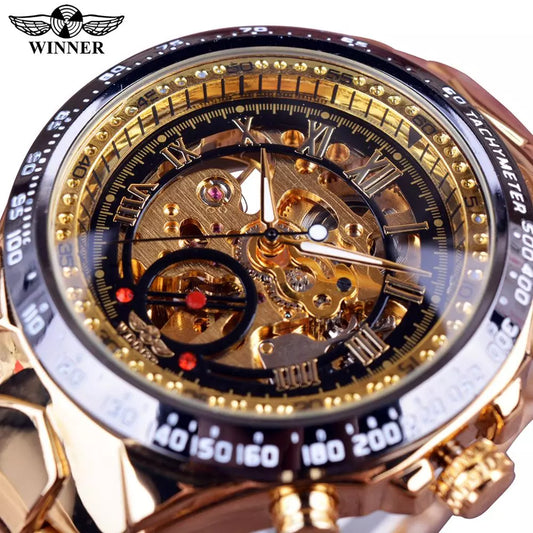 Winner, reloj deportivo mecánico con bisel dorado, relojes para hombre, relojes de marca superior de lujo, reloj para hombre, reloj esqueleto automático para hombre